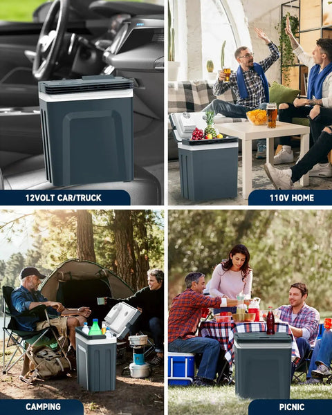 Portable 27 Quart Electric Cooler And Warmer For Car Or Home With Handle 12V/24V DC And 100-240V AC in camping setting.