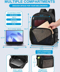 Heavy Duty Mesh Backpack See Through Beach Pool Bag For Travel And Day Trips with multiple compartments and measurements shown