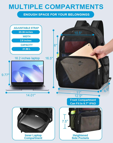 Heavy Duty Mesh Backpack See Through Beach Pool Bag For Travel And Day Trips with multiple compartments and measurements shown