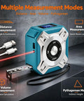 Hella Reliable Zero Hassle Two In One Laser Tape Measure With 131 Foot Laser Distance Meter and 16 Foot Retractable Steel Measuring Tape USB C Rechargeable showing multiple measurement modes.