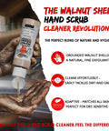 Person applying walnut shell hand scrub cleaner with grounded walnut shells for exfoliation.