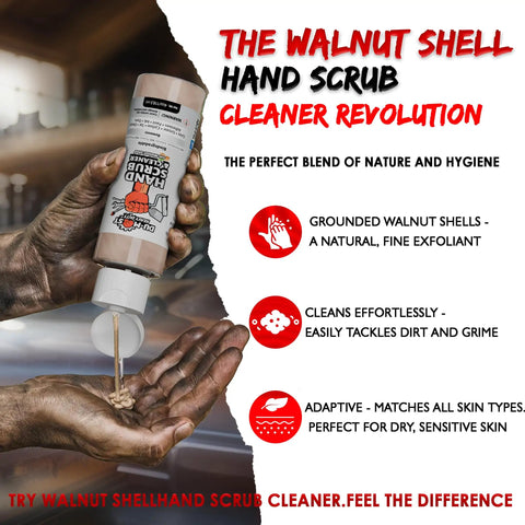 Person applying walnut shell hand scrub cleaner with grounded walnut shells for exfoliation.