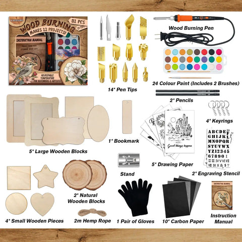 All In One Wood Burning Kit With Adjustable Temperature Pen 81 Piece Pyrography Set For Wood Leather Foam And Fabric Includes 14 Tips And Case Ideal Gift For Adults And Teens Beginner Friendly showing components