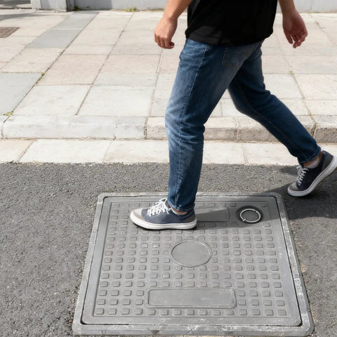 Person walking on a Durable Resin Sewer Manhole Cover And Frame With Easy Lift Handle For Garden Yard And Lawn Weather Resistant Plastic Access Hatch 40 By 40 Cm Easy Drainage Solution For Inspection And Maintenance