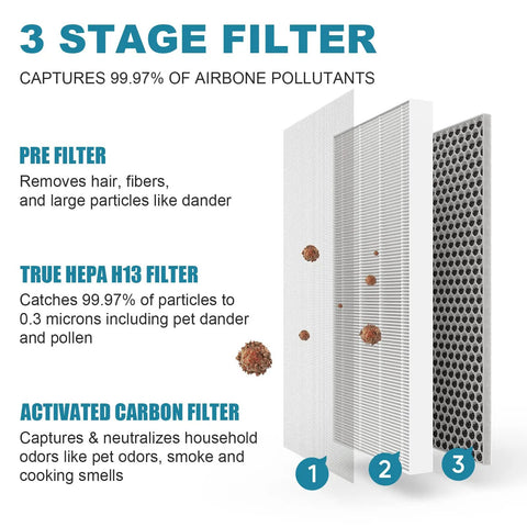 Diagram of 3-stage true HEPA H13 filter system showing pre-filter, HEPA filter, and activated carbon layers for air purifiers.