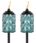 Topaz Blue Glass Outdoor Torches Two Pack, 65 Inch Weather Resistant Patio Lanterns For Backyard And Garden, Easy One Step Install, Long Lasting Fiberglass Wick, Snuffer Included, Ideal For Summer Evenings