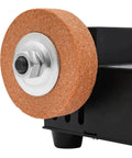 Close-up of the wheel on the No Sweat Pneumatic Mini Belt Sander With Variable Speed Air Motor, highlighting the material and design.