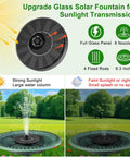 Upgrade glass solar fountain with 6 nozzles, illustrating sunlight transmission and adjustable spray height for gardens.
