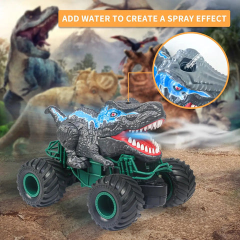 Monster Dinosaur Remote Control Car with 2.4 GHz Radio, roaring LED mouth, water spray, rugged rubber tires, 1:16 scale