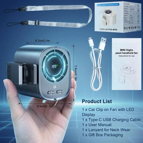 Car Clip On Fan With LED Display, 360 Degree Rotation, 199 Speed Settings, USB Rechargeable 1500mAh Battery