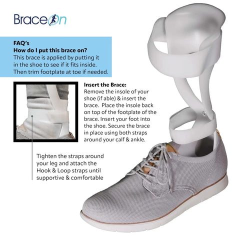 Lightweight AFO Foot Drop Brace for Men on right foot with shoe, adjustable straps, low profile design, injection molded polyethylene
