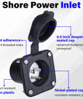 Badass NEMA 15 Amp Flanged RV Shore Power Inlet 5 15 125 Volt 2 Pole 3 Wire Weatherproof AC Receptacle With Clamps showing sealing cap and nylon plastic.