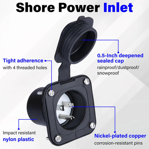 Badass NEMA 15 Amp Flanged RV Shore Power Inlet 5 15 125 Volt 2 Pole 3 Wire Weatherproof AC Receptacle With Clamps showing sealing cap and nylon plastic.