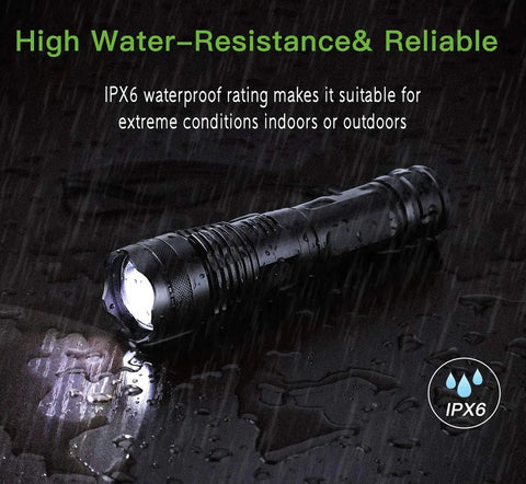 10000 Lumen Tactical Flashlight With Rechargeable Battery, Five Modes, Zoomable Beam, Waterproof Workhorse in rain.
