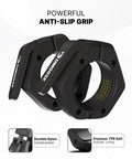 Two Inch Quick Release Barbell Clips With Anti Slip Lining For Easy On Easy Off Secure Weightlifting On Olympic Bars Black Non Magnetic Collars Built For Heavy Lifts And Quick Grips, shown in black with durable nylon construction and soft TPR rubber lining.