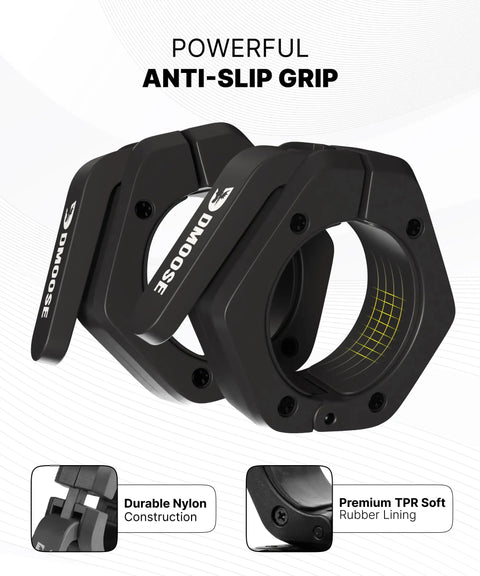 Two Inch Quick Release Barbell Clips With Anti Slip Lining For Easy On Easy Off Secure Weightlifting On Olympic Bars Black Non Magnetic Collars Built For Heavy Lifts And Quick Grips, shown in black with durable nylon construction and soft TPR rubber lining.