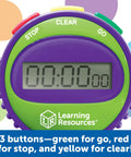 Three Button Kids Stopwatch For Classrooms And Home, showing digital timer with green go, red stop, yellow clear buttons.