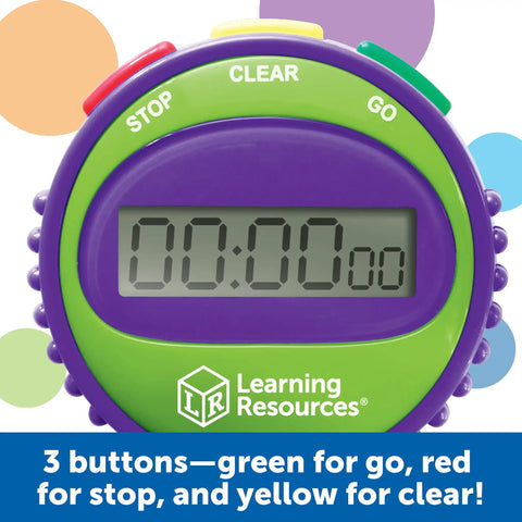 Three Button Kids Stopwatch For Classrooms And Home, showing digital timer with green go, red stop, yellow clear buttons.