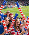People cheering with 120 Pcs Inflatable Thunder Sticks for Parties and Games Red White and Blue USA Flag Boom Sticks at a sports event