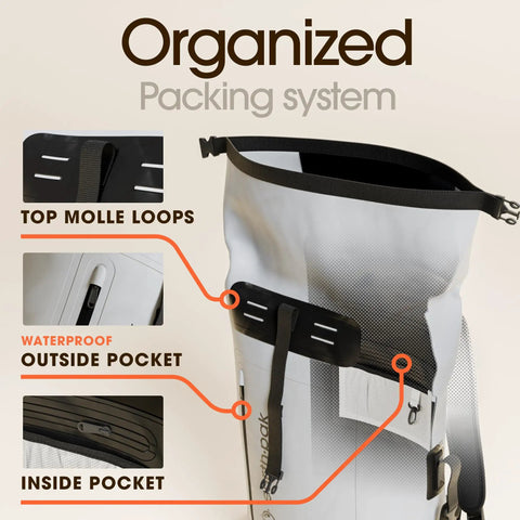 Rugged All Weather Waterproof Hiking Backpack With Roll Top Closure Cushioned Dry Bag And Waterproof Phone Case featuring MOLLE loops, waterproof zipper, and pockets.