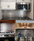 Peel And Stick Stainless Steel Backsplash Tiles For Kitchen Walls 12x12 Inches 10 Sheets Easy Install Rent Friendly Range Hood Shield Brushed Aluminum Matte Finish No Fuss Install Heat Resistant Durable Easy Clean Up For Modern Kitchens installed behind kitchen stove and counter