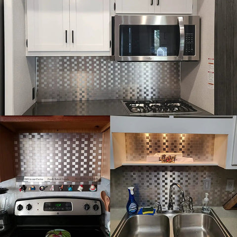 Peel And Stick Stainless Steel Backsplash Tiles For Kitchen Walls 12x12 Inches 10 Sheets Easy Install Rent Friendly Range Hood Shield Brushed Aluminum Matte Finish No Fuss Install Heat Resistant Durable Easy Clean Up For Modern Kitchens installed behind kitchen stove and counter
