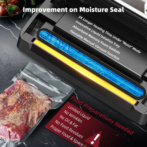 Front view of Next Gen Vacuum Sealer Machine with blue seal bar and built-in cutter, sealing a meat bag.
