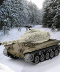 Three Piece Camouflage Net Set For 1/35 Scale RC Tanks And AFV Models, covering model tank, showing mixed colors in snowy forest