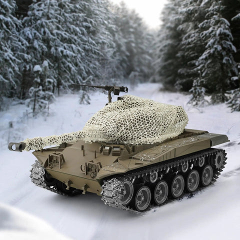 Three Piece Camouflage Net Set For 1/35 Scale RC Tanks And AFV Models, covering model tank, showing mixed colors in snowy forest