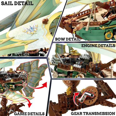 Transparent Wing Phantom Starship Build Kit Dope Futuristic Mechanical Design Steampunk Sci Fi Style Model Realistic Flying Look Durable Internal Skeleton Frame Creative Building Block Toy For Builders And Collectors showing sail, bow, engine, game, and gear transmission details.
