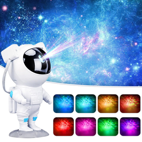 Astronaut Galaxy Projector Night Light with Timer projecting green nebula in bedroom with remote control options shown