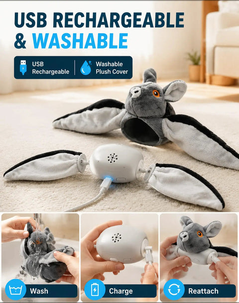 Flying Bat Dog Toy With Motion Activated Rechargeable Power, Interactive Indoor Outdoor Toy For Cats And Dogs With Realistic Flapping Wings And Pet Hair Removal Glove USB rechargeable washable plush bat toy on carpet