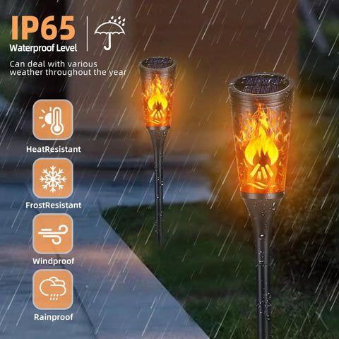 Super Cool Solar Torch Lights Outdoor Six Pack With Realistic Dancing Flickering Flames Super Waterproof Design in rain