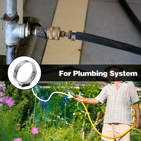 Image showing 200 Pack One Half Inch PEX Cinch Clamps in use for home water lines with stainless steel single ear hose clamp and garden hose application.