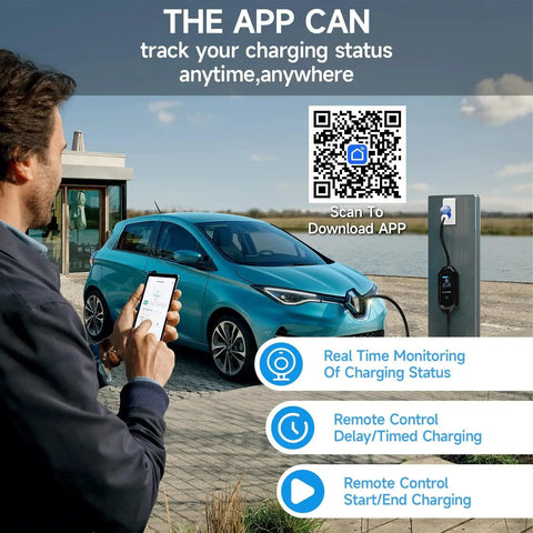 Heavy Duty Type Two Electric Vehicle Charging Cable Six Meters Long With Adjustable Amperage Up To Thirty Two Amps charging EV in use.