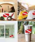 Show Off Your Diver Pride With A 4 Pack Diver Down Flag Sticker Set Durable Weatherproof UV Resistant Heavy Duty Vinyl Decals displayed on tools, helmets, window, and tumbler.