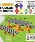 Waterproof Fitted Picnic Table Cover Set For Six Foot Tables With Elastic Edges Includes Bench Covers 72 By 30 Inch Tablecloth And 12 By 72 Inch Bench Covers Black Outdoor Camping RV Must Have Gear For The Campground in checkered design shown on wooden table