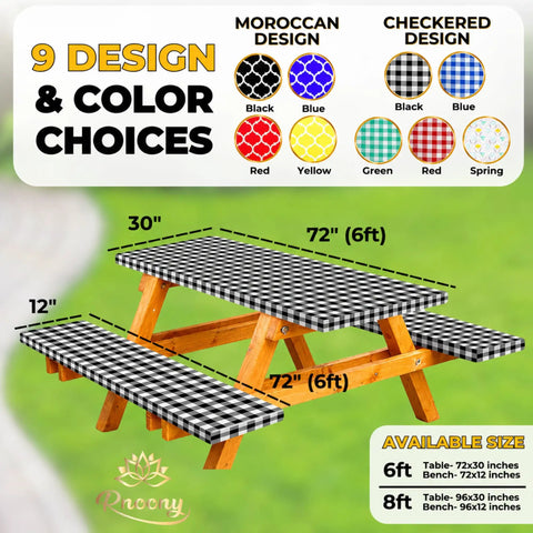 Waterproof Fitted Picnic Table Cover Set For Six Foot Tables With Elastic Edges Includes Bench Covers 72 By 30 Inch Tablecloth And 12 By 72 Inch Bench Covers Black Outdoor Camping RV Must Have Gear For The Campground in checkered design shown on wooden table