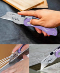 Vickay folding utility knife with purple aluminum handle and belt clip; 5 SK5 quick-change blades; used for cardboard cutting