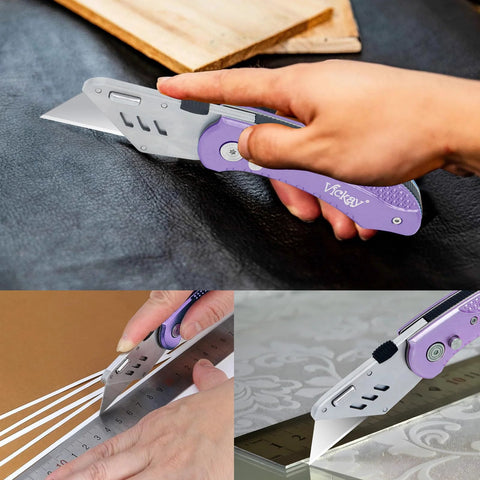 Vickay folding utility knife with purple aluminum handle and belt clip; 5 SK5 quick-change blades; used for cardboard cutting