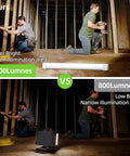 Comparison of LED Job Site Work Light Portable Rechargeable Cordless With Lanyard And Magnetic Ends in use, showing brightness differences.