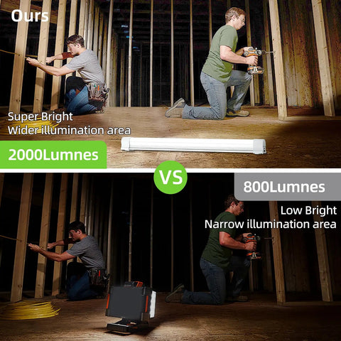Comparison of LED Job Site Work Light Portable Rechargeable Cordless With Lanyard And Magnetic Ends in use, showing brightness differences.