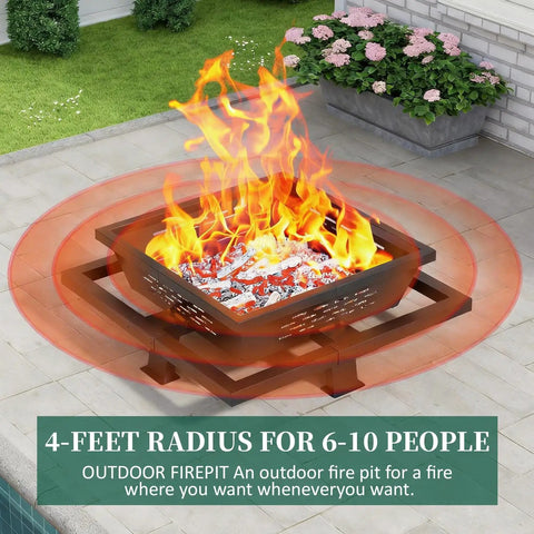 42 Inch Outdoor Fire Pit Heavy Duty Wood Burning Firepit With Poker for Camping Backyard Patio on stone patio with flames