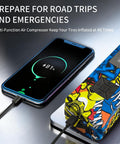 Beast 8000A Jump Starter With Air Compressor And Tire Inflator charging phone, colorful design, LCD display visible.