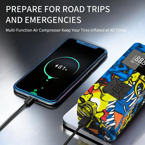 Beast 8000A Jump Starter With Air Compressor And Tire Inflator charging phone, colorful design, LCD display visible.