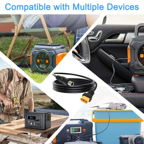 XT60 To 8mm Adapter Cable 14AWG DC8020 Power Connector with portable power stations and devices, showcasing compatibility.