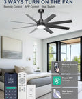 Top Shelf Sixty Inch Black Ceiling Fan With Bright Light For Patios Porches And Living Rooms Delivers Badass Airflow Using Eight Slick Abs Blades And Easy Three Way Wall Control in modern bedroom setting with remote and wall switch.