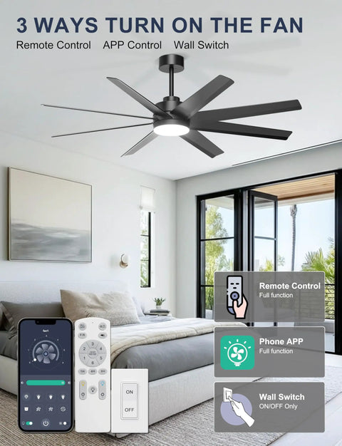Top Shelf Sixty Inch Black Ceiling Fan With Bright Light For Patios Porches And Living Rooms Delivers Badass Airflow Using Eight Slick Abs Blades And Easy Three Way Wall Control in modern bedroom setting with remote and wall switch.