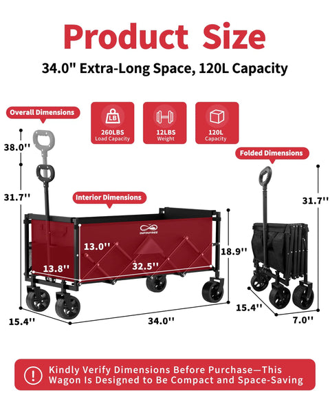 Diagram showing dimensions of 34 Inch Extra Long Foldable Wagon With All Terrain Wheels, 260 Lb Capacity, Heavy Duty Collapsible Utility Cart