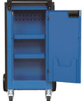 Mobile Tool Cart With Eight Deep Drawers Rock Solid Build Smooth Glide Casters Heavy Duty Workshop Organizer showing open blue cabinet with shelves.
